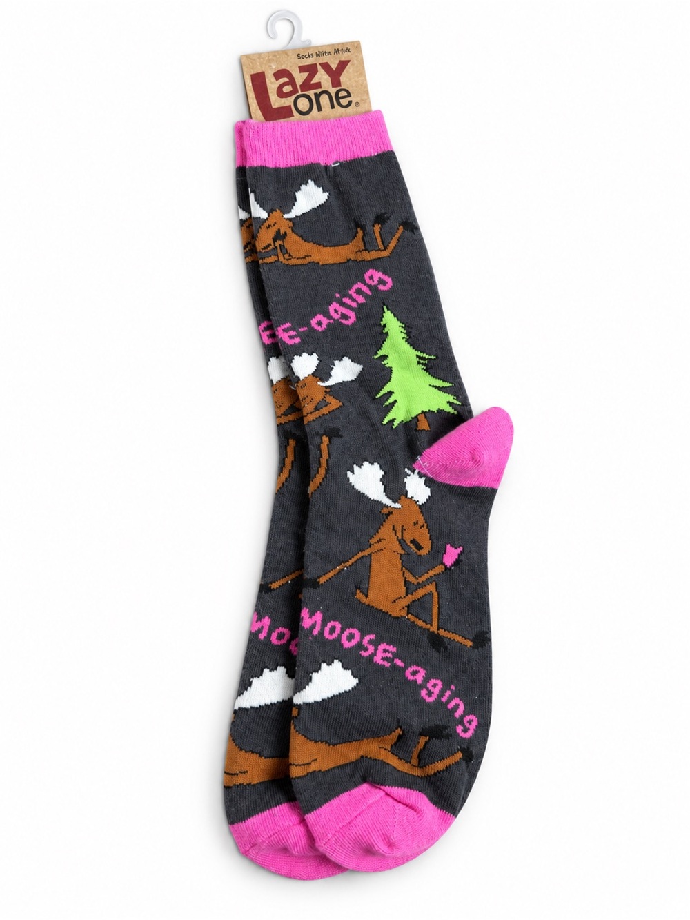 Lazy One women’s Moose Novelty Crew Socks - Charcoal, Pink, Brown, Green, White